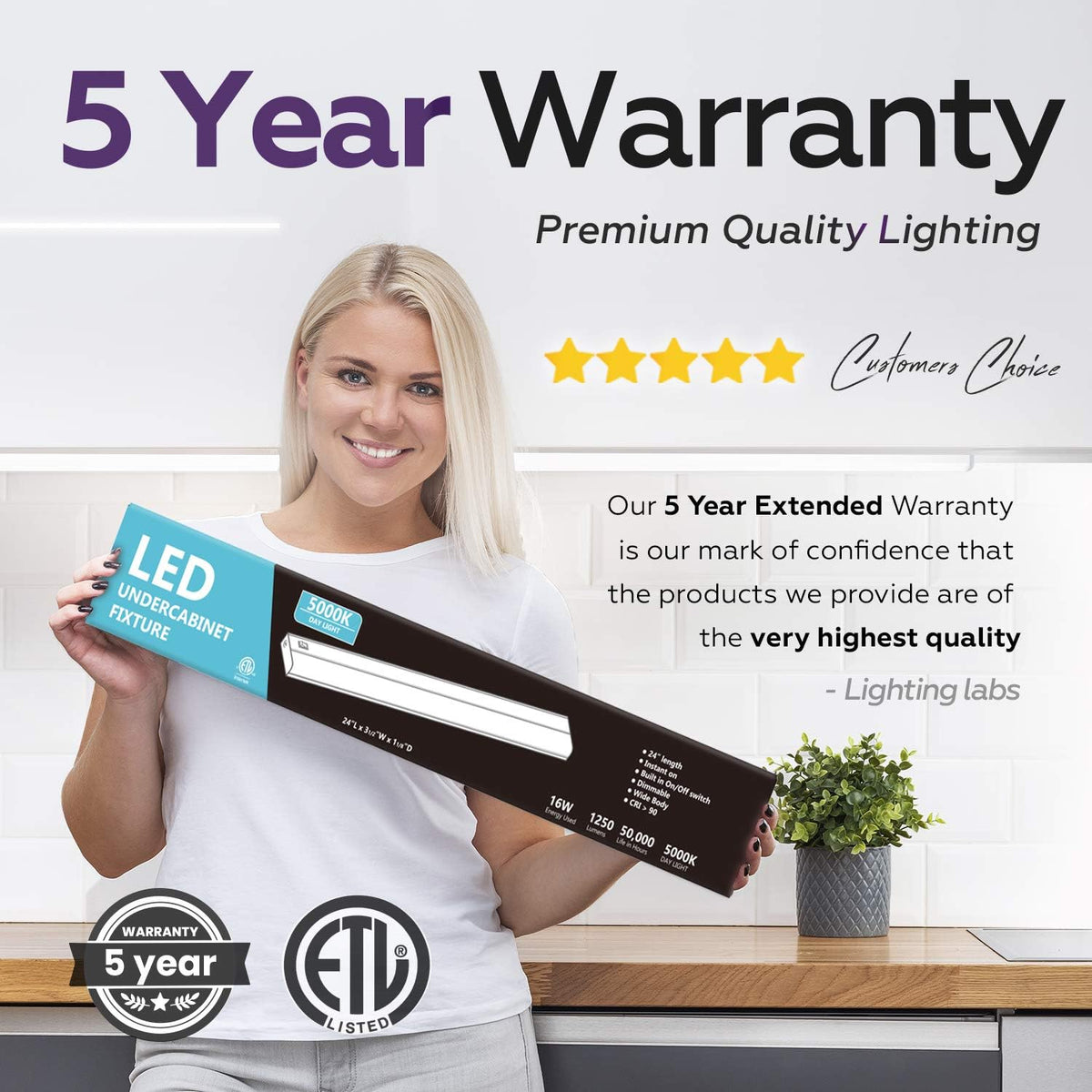 24" Hardwired LED Under Cabinet Task Lighting, Dimmable, 5000K, Metal Base, Pack of 2 E269831