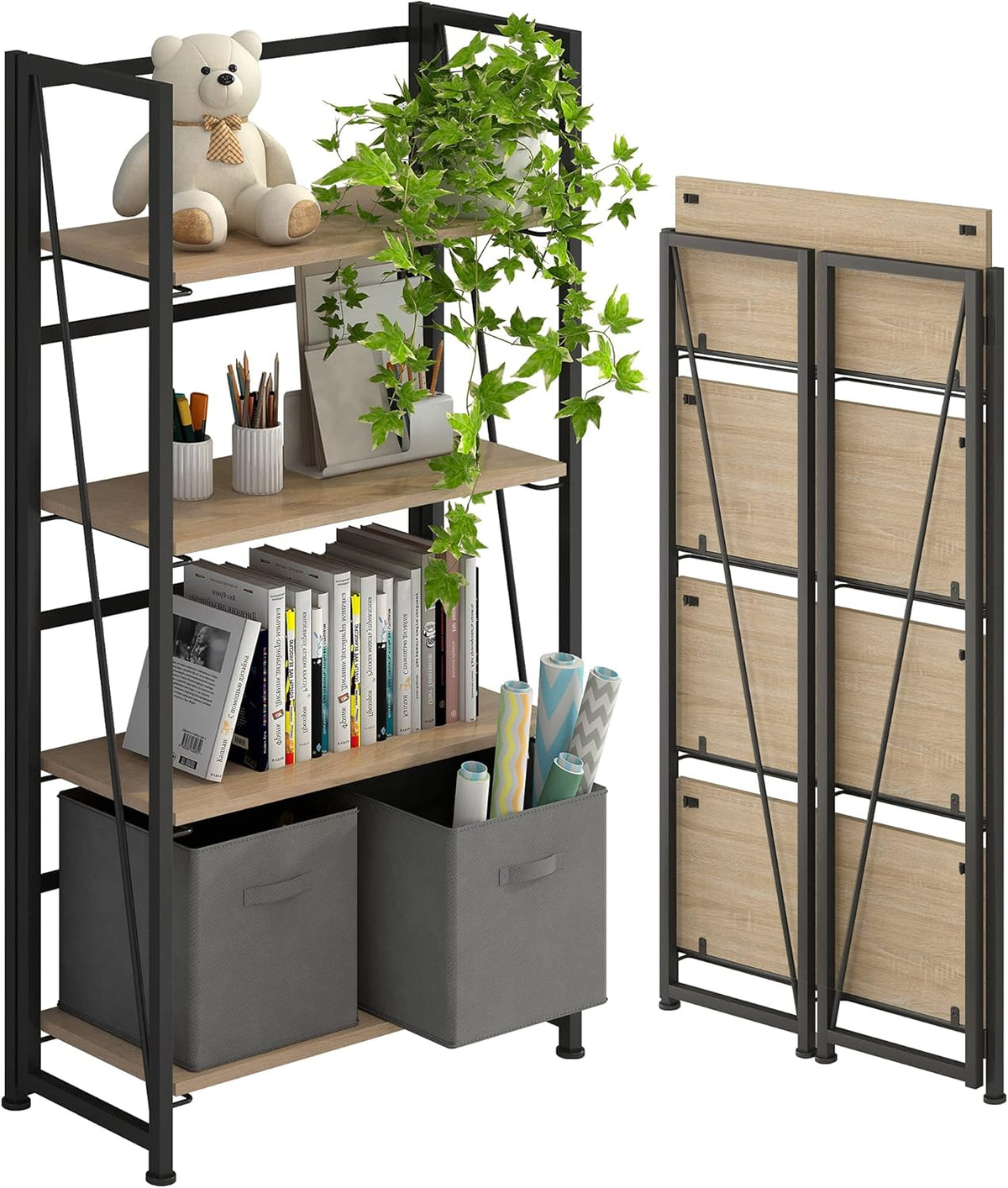 4 Tiers Folding Bookshelf Storage Shelves with 2 Drawers E645