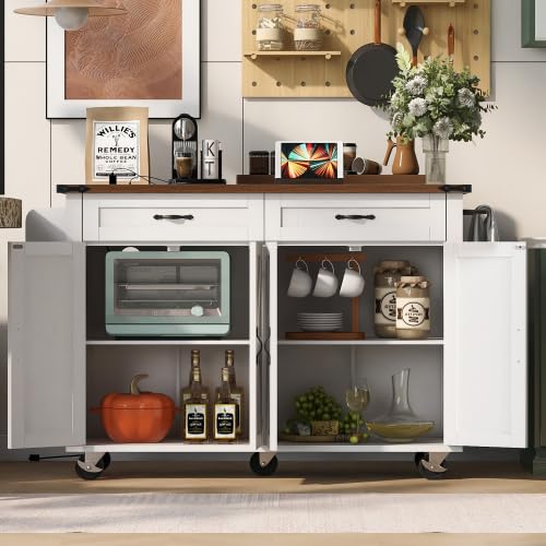 Black Kitchen Island with Storage Cabinet on Wheels, 53.5'' Mobile Kitchen Cart with Power Outlet, Drop Leaf, Spice Rack and Drawer V438