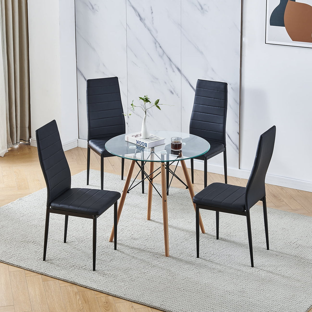 Set of 5 Round Glass Dining Table 32" with Wood Legs C785
