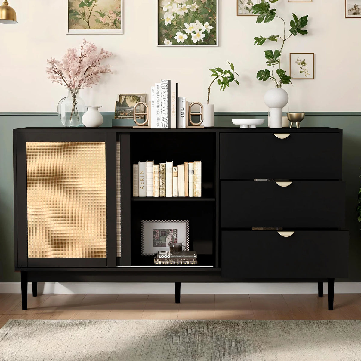 Black 60" Wood Sideboard Buffet Cabinet with 3 Drawers and Adjustable Shelves E9042