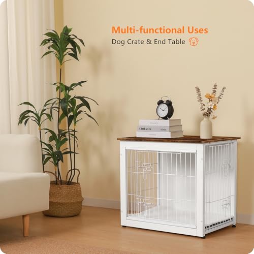 Dog Crate Furniture with Cushion, Wooden Kennel Table with Double Doors, Dark Gray I1682