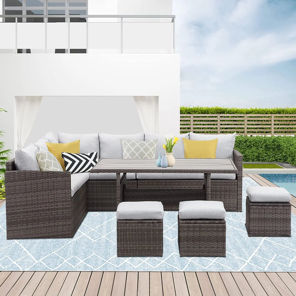 7 Piece Outdoor Dining Sectional Sofa with Dining Table and Chair Grey E713