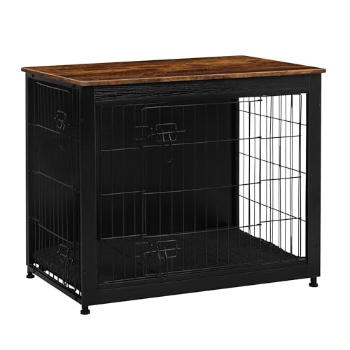 Dog Crate Furniture with Cushion, Wooden Kennel Table with Double Doors, Dark Gray I1682