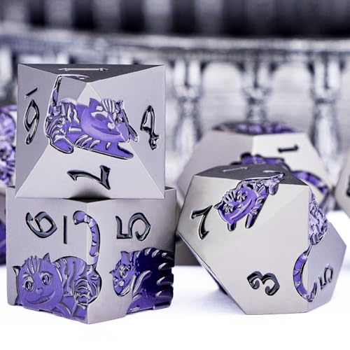 Metal DND Cat Dice 7PCS Polyhedral RPG Dice Set (Purple Yellow) V19777