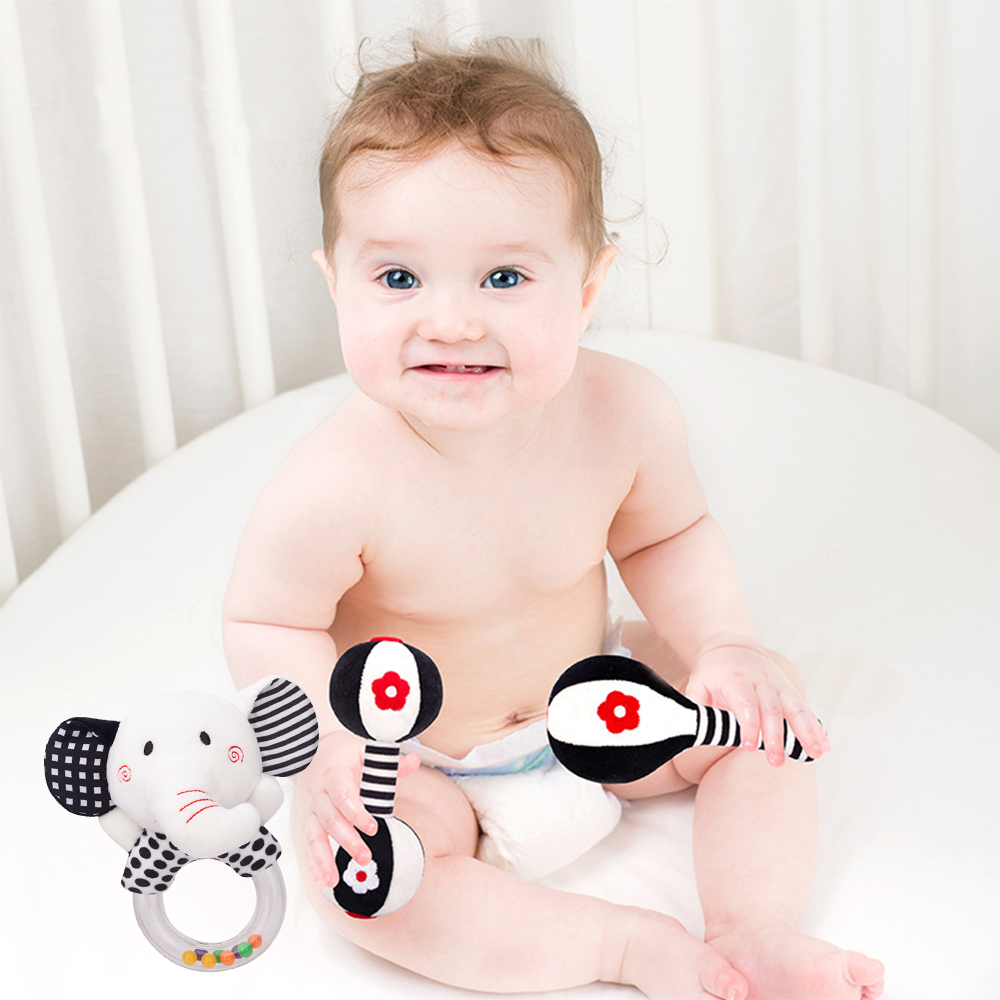 3PCS Soft Baby Rattles High Contrast Black and White Plush Rattle Toy W5504