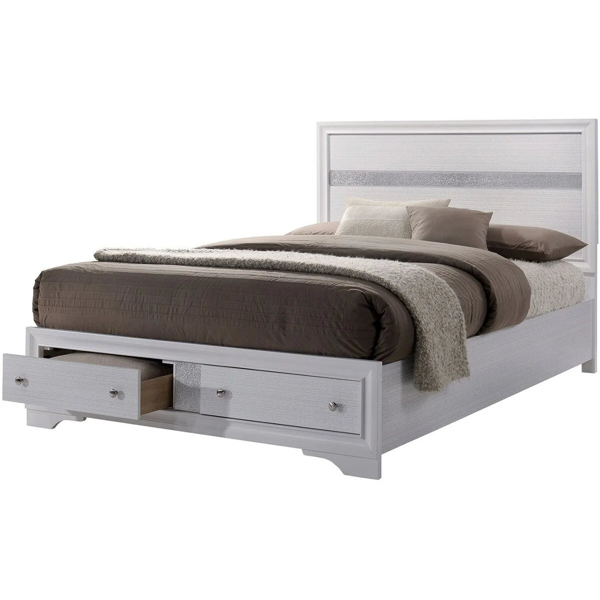 White Panel Design Eastern King Bed with Silver Accents N579