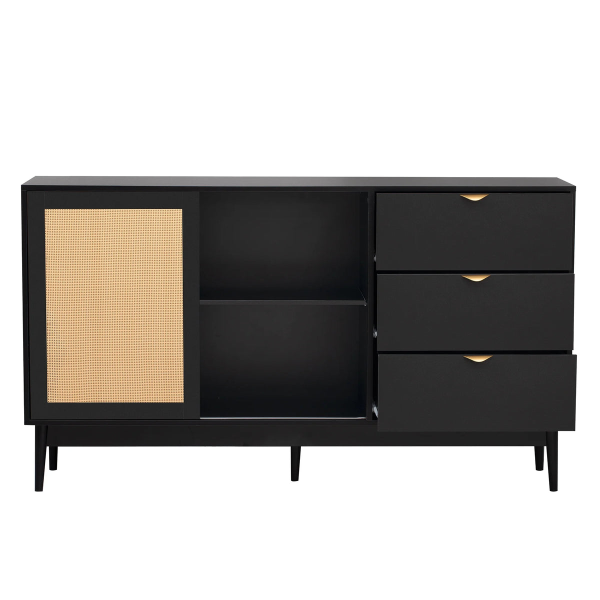 Black 60" Wood Sideboard Buffet Cabinet with 3 Drawers and Adjustable Shelves E9042