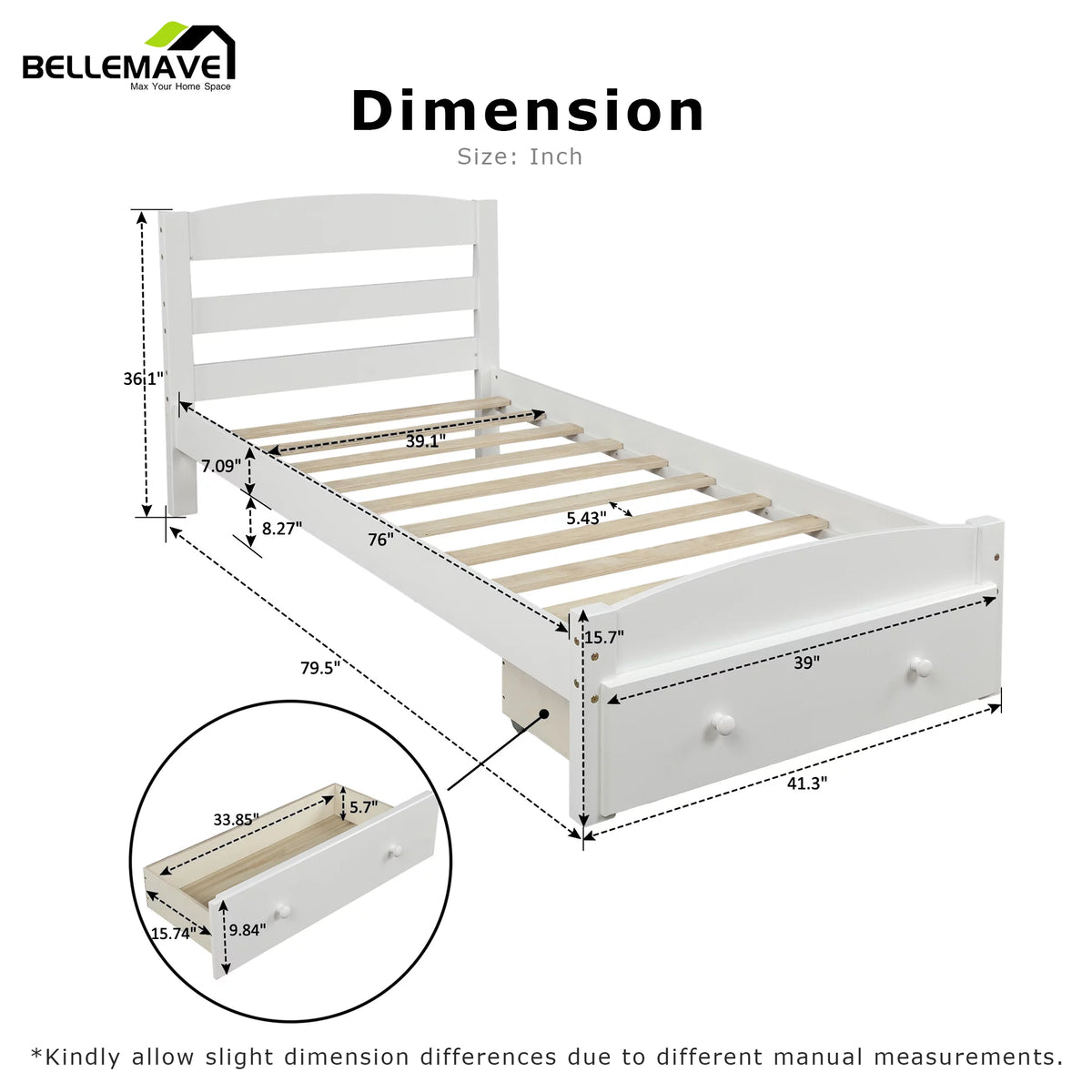 White Twin Solid Wood Bed Frame with Storage Drawer T304
