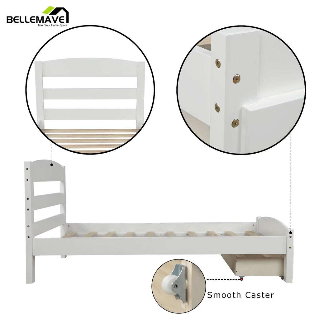 White Twin Solid Wood Bed Frame with Storage Drawer T304