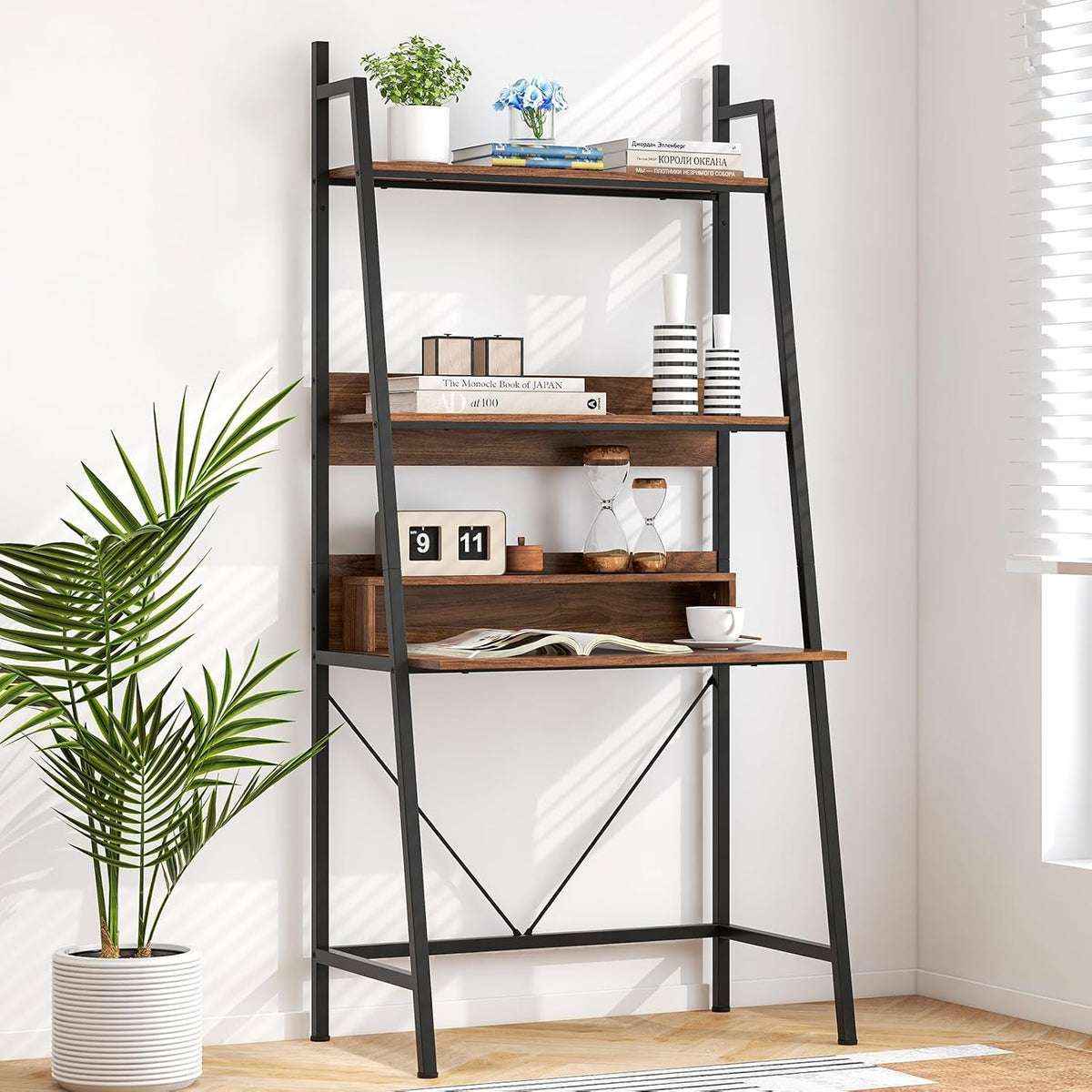 Brown Freestanding Ladder Desk with Open Shelves R840
