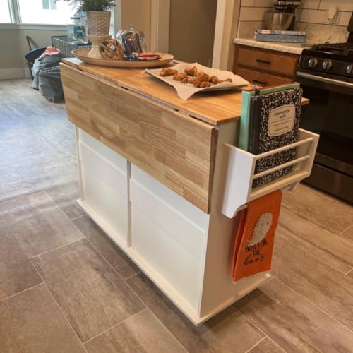 White Rolling Kitchen Island with Drop Leaf and Storage Cabinet D89623