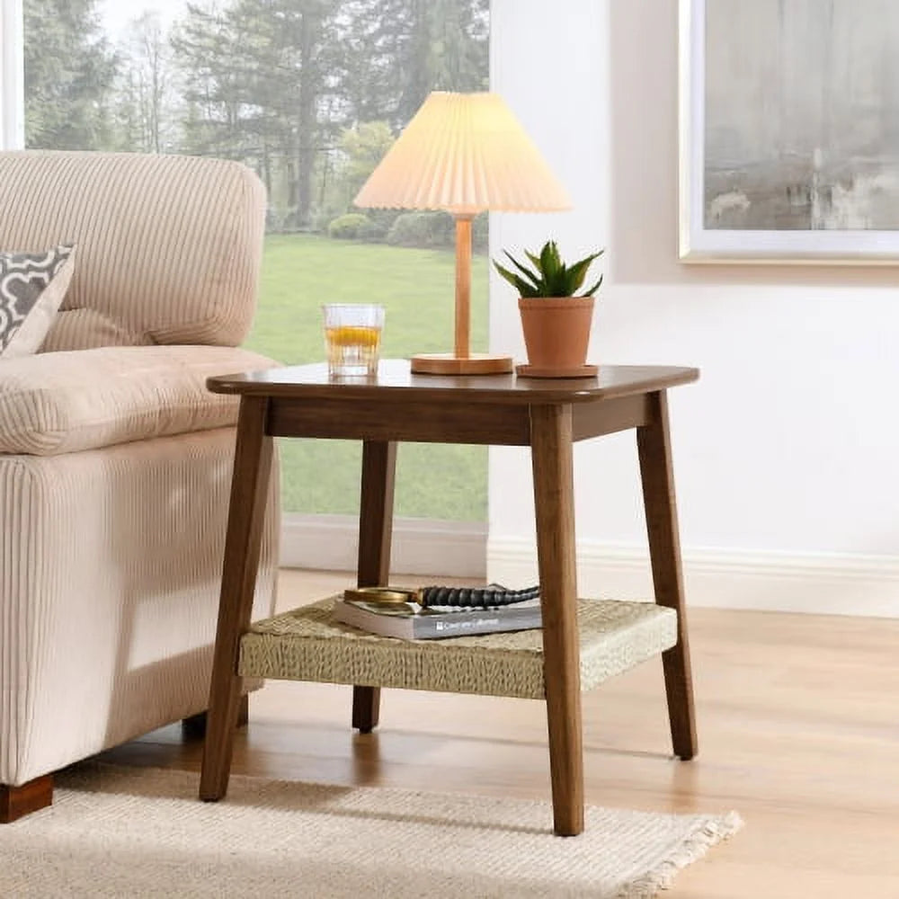 23" Mid-Century Side Table with Woven Shelf X466