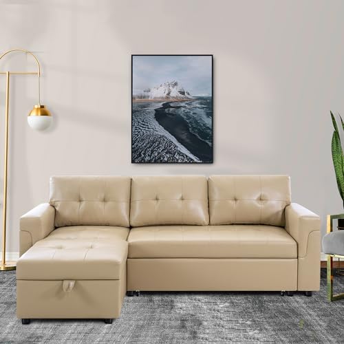 Black Air Leather L-Shaped Sleeper Sofa with Storage Chaise L9660