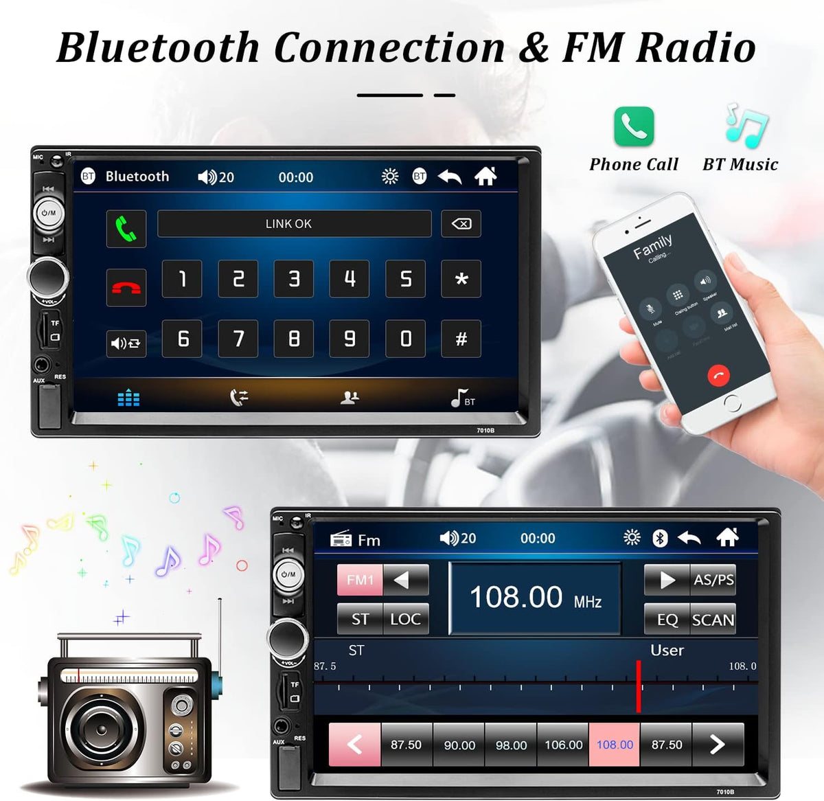 7 Inch Double Din Car Stereo with Bluetooth Touch Screen Car Radio MP5 Player B30608