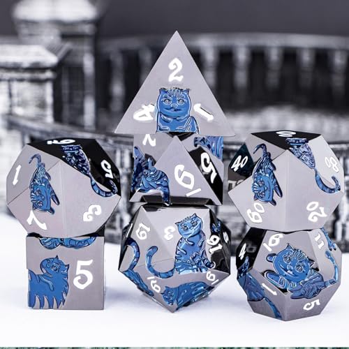 Metal DND Cat Dice 7PCS Polyhedral RPG Dice Set (Purple Yellow) V19777