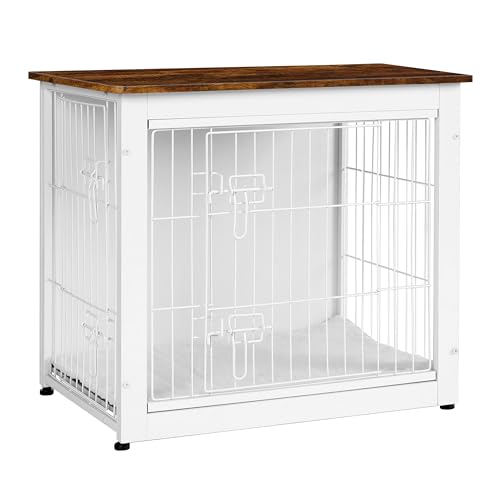 Dog Crate Furniture with Cushion, Wooden Kennel Table with Double Doors, Dark Gray I1682