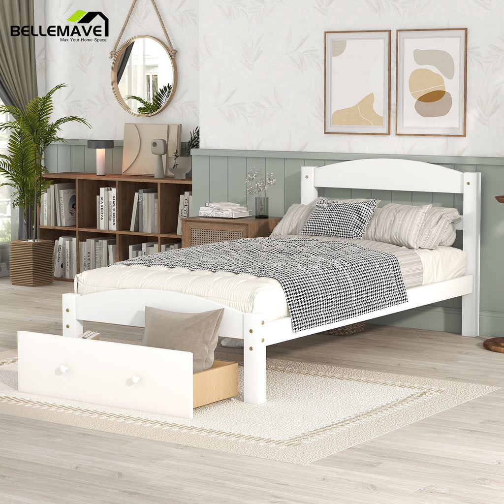 White Twin Solid Wood Bed Frame with Storage Drawer T304