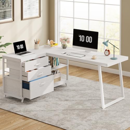 L-Shaped Desk with 3 Drawers and Shelves Y455947