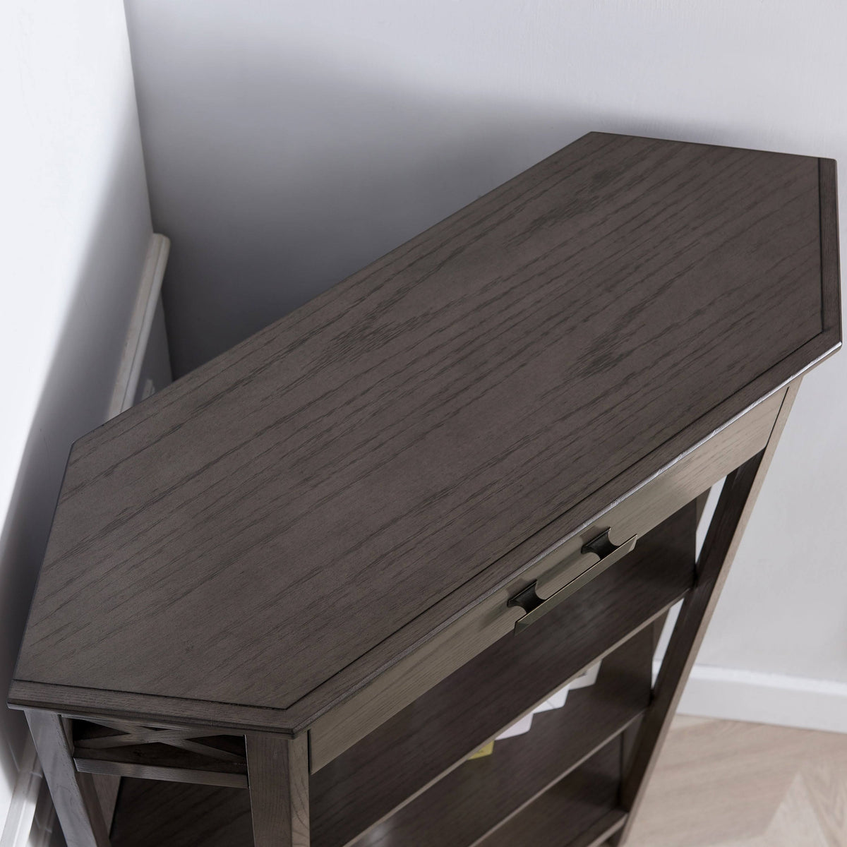 Weathered White 3-Shelf Corner Bookcase with Drawer Storage F85873