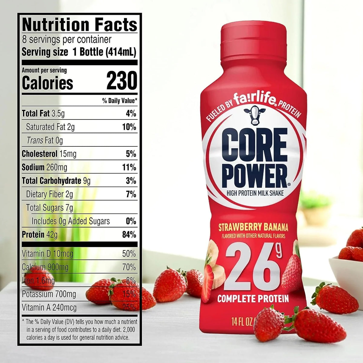 High Protein Shakes 26 Grams 14 Oz. Chocolate Vanilla Strawberry, 6 Pack F608530