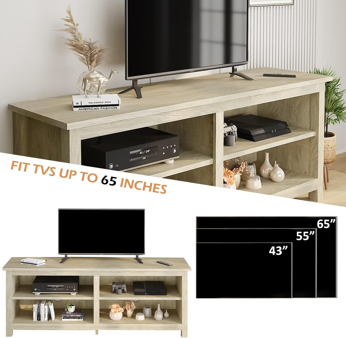 58 Modern TV Stand with 4 Open Storage Cabinets, Oak H726348