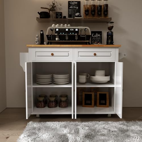 White Rolling Kitchen Island with Drop Leaf and Storage Cabinet D89623