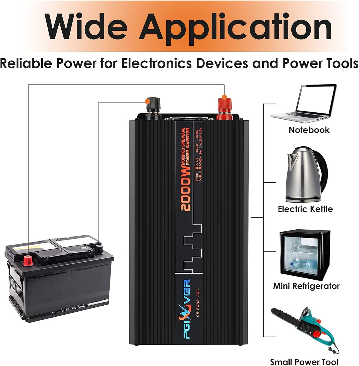 2000W Power Inverter DC 12V to AC 110V with Triple AC Outlets 1 USB Port D788