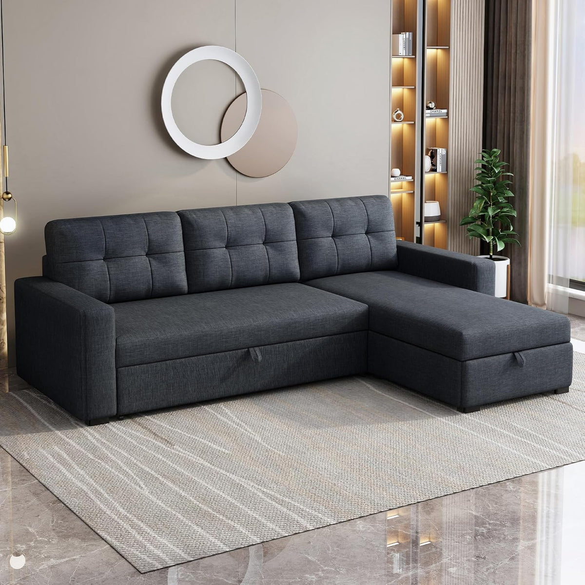 Dark Grey L Shaped Sleeper Sofa with Pull Out Bed and Storage R83659