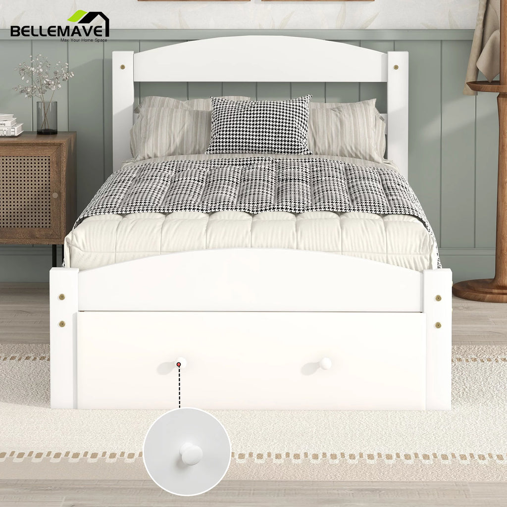 White Twin Solid Wood Bed Frame with Storage Drawer T304