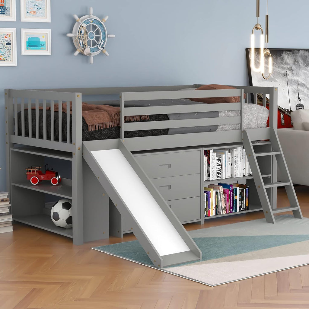 White Twin Loft Bed with Slide and Bookcases K547