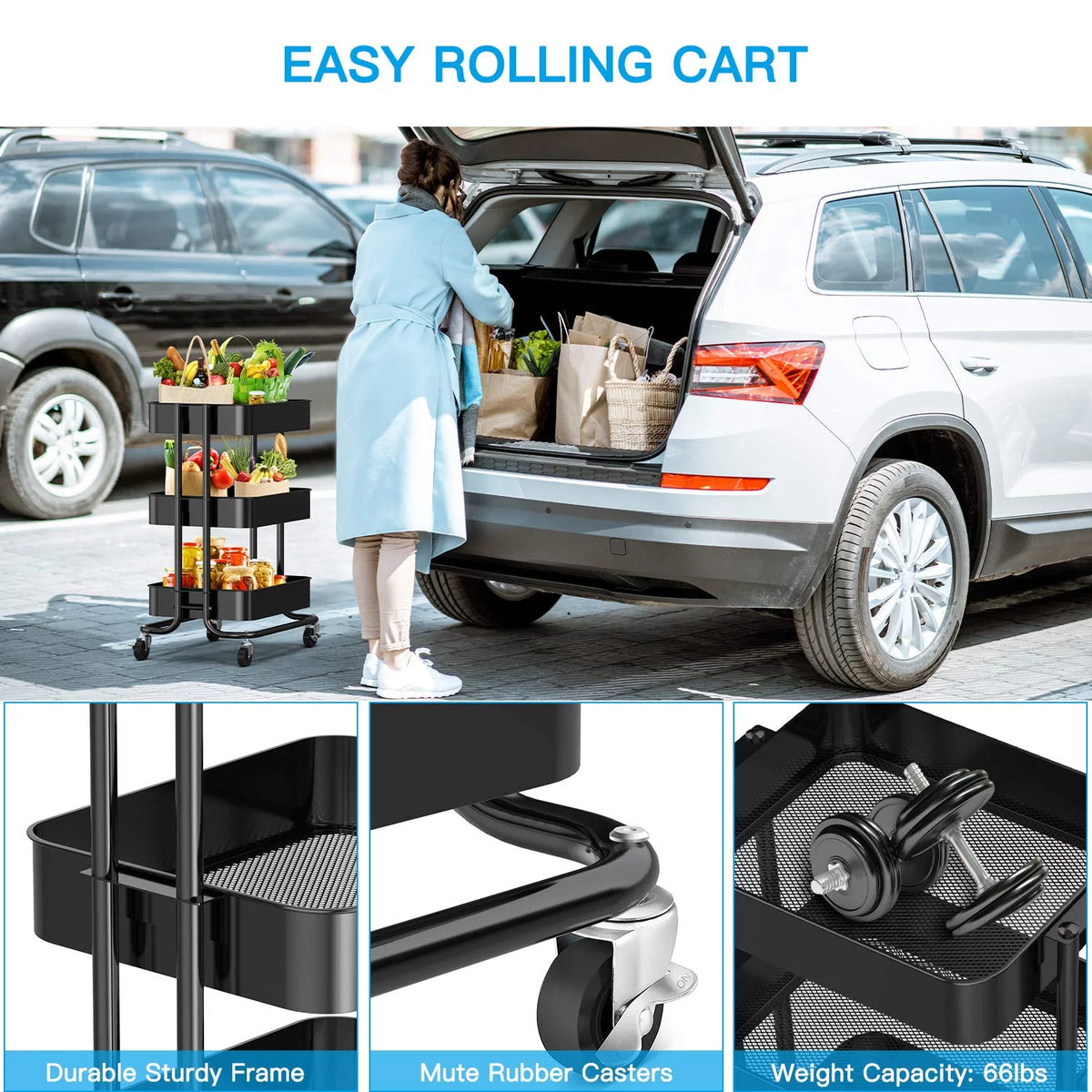 3-Tier Metal Rolling Utility Cart with 2 Lockable Wheels F923