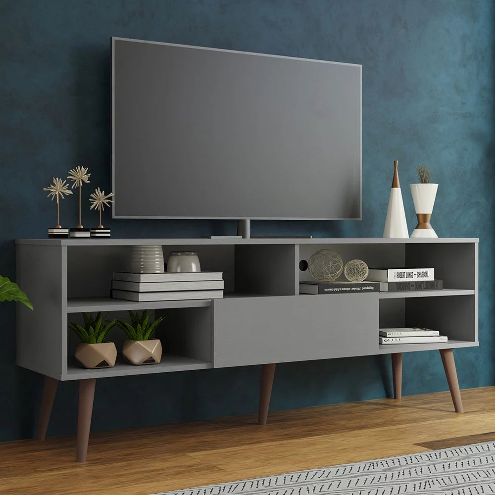 Modern Black Wood TV Stand with 1 Door and 4 Shelves R6862