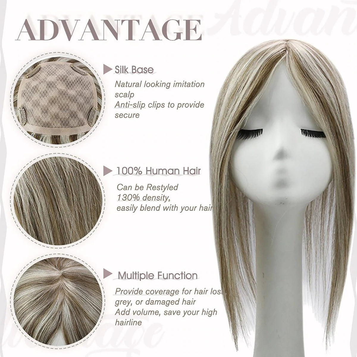 Light Brown Mixed Platinum Blonde Remy Human Hair Clip in Topper 16 inch F225
