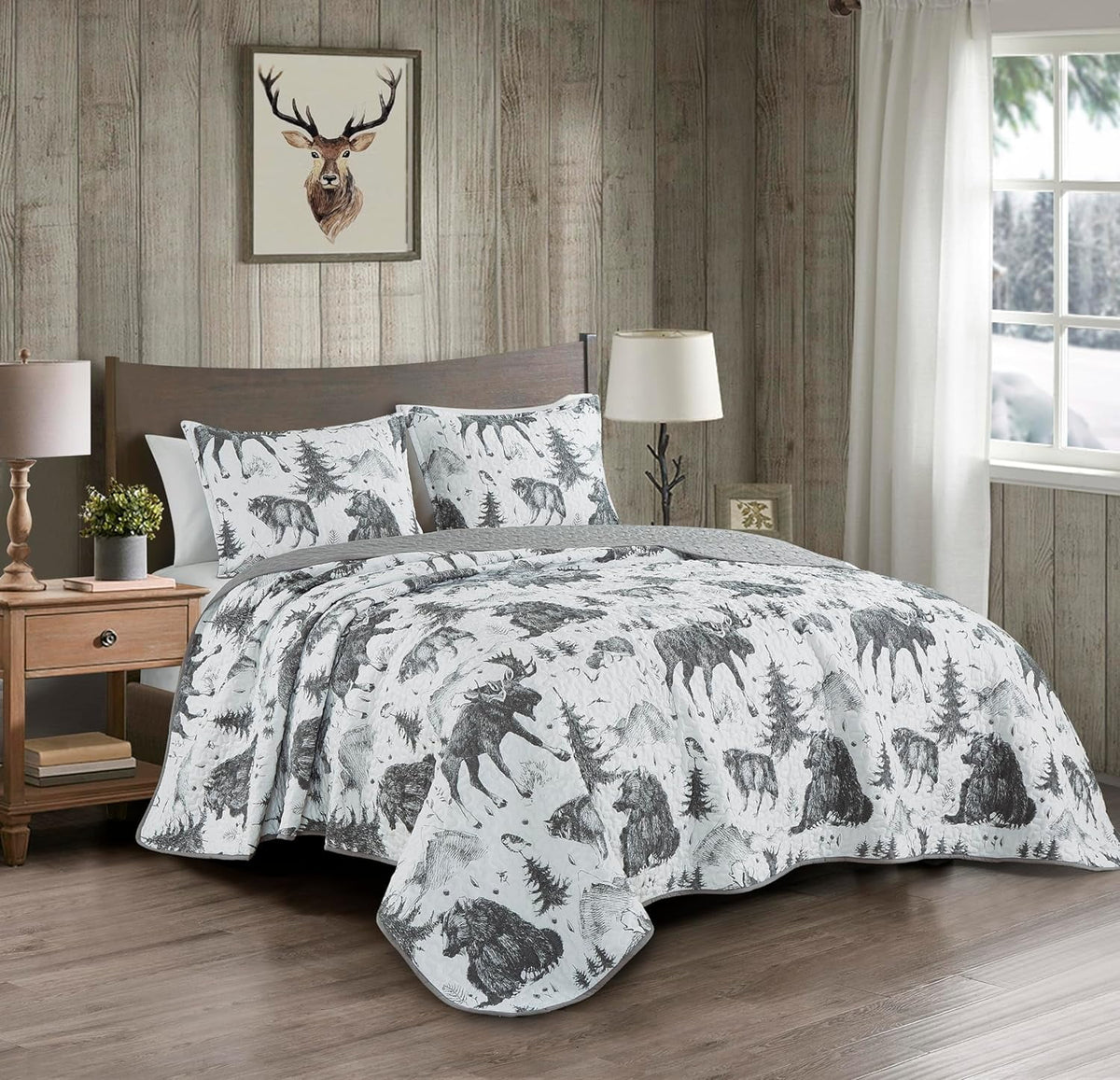 3-Piece King White Black Gray Microfiber Quilt Set D819