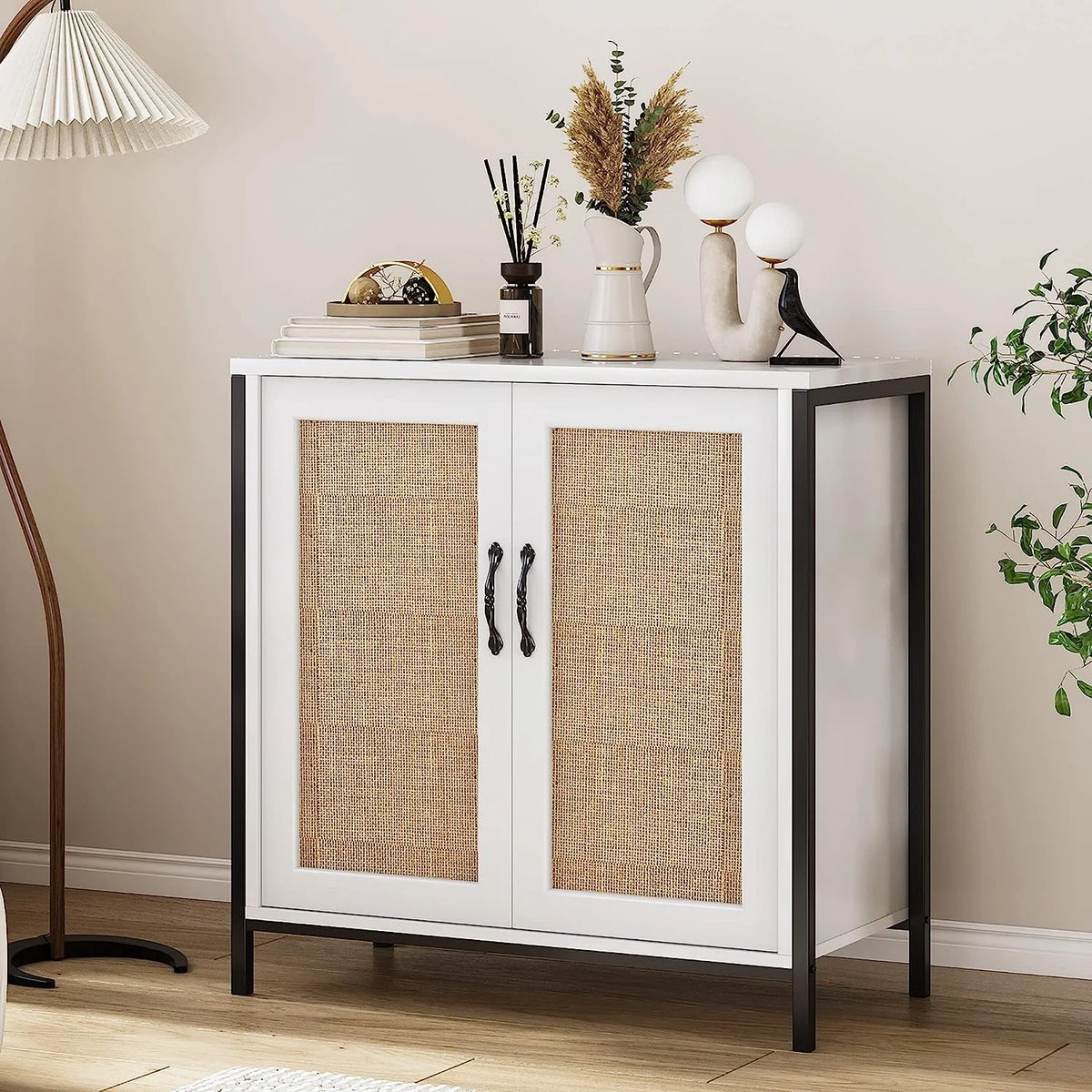 Rattan Storage Cabinet with Doors and Shelves Q867