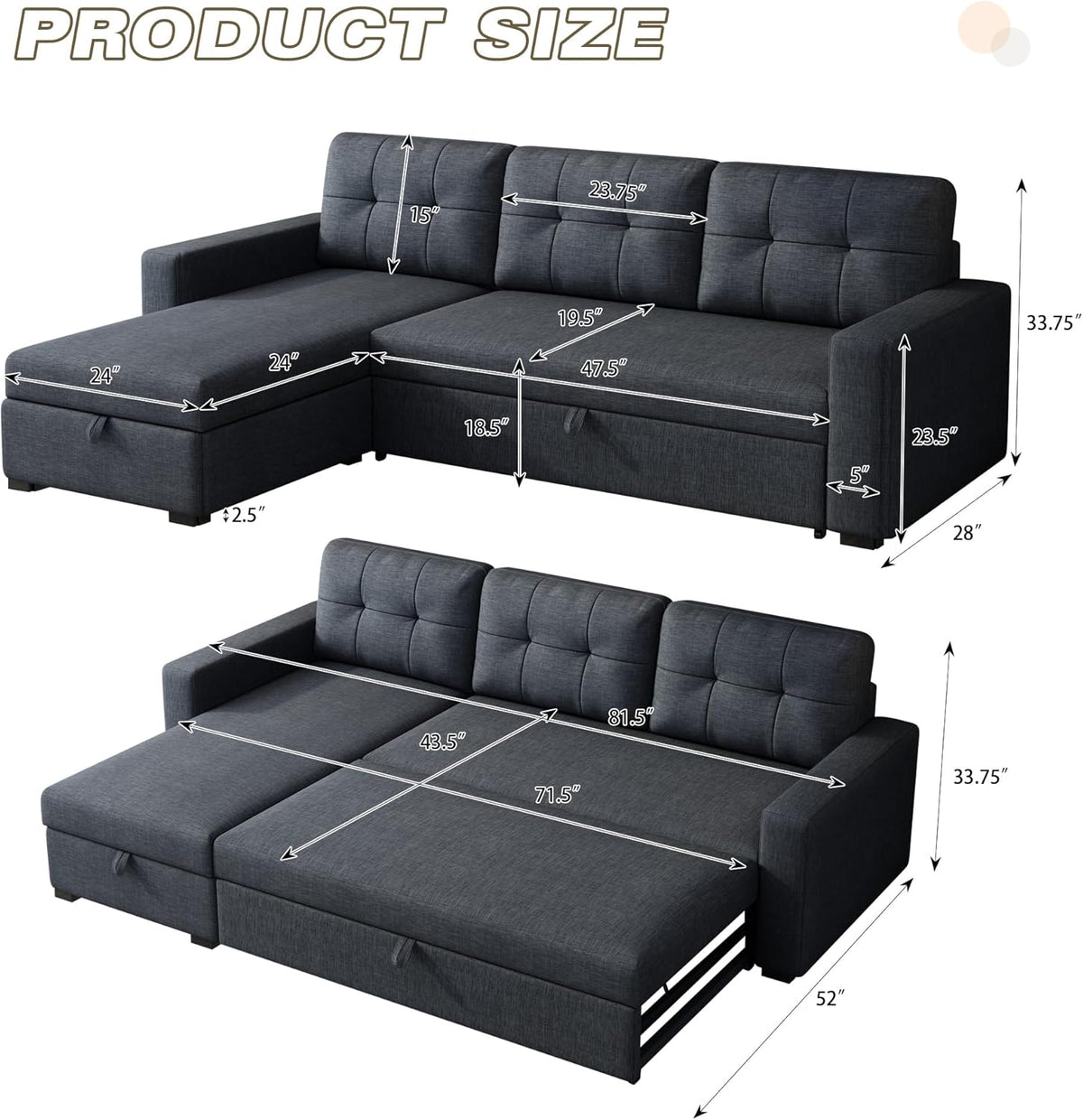 Dark Grey L Shaped Sleeper Sofa with Pull Out Bed and Storage R83659