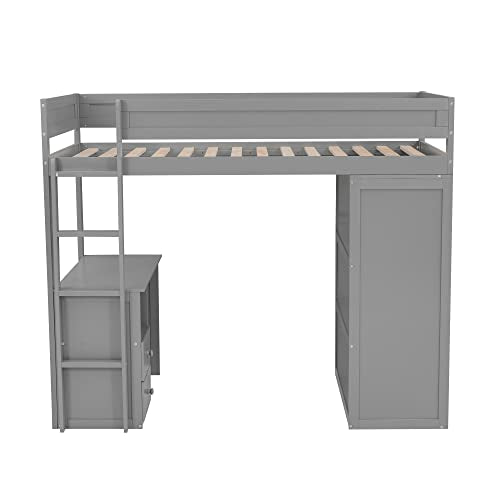 Full Size Gray Solid Wood Loft Bed with Wardrobe Desk and Shelves Q941714