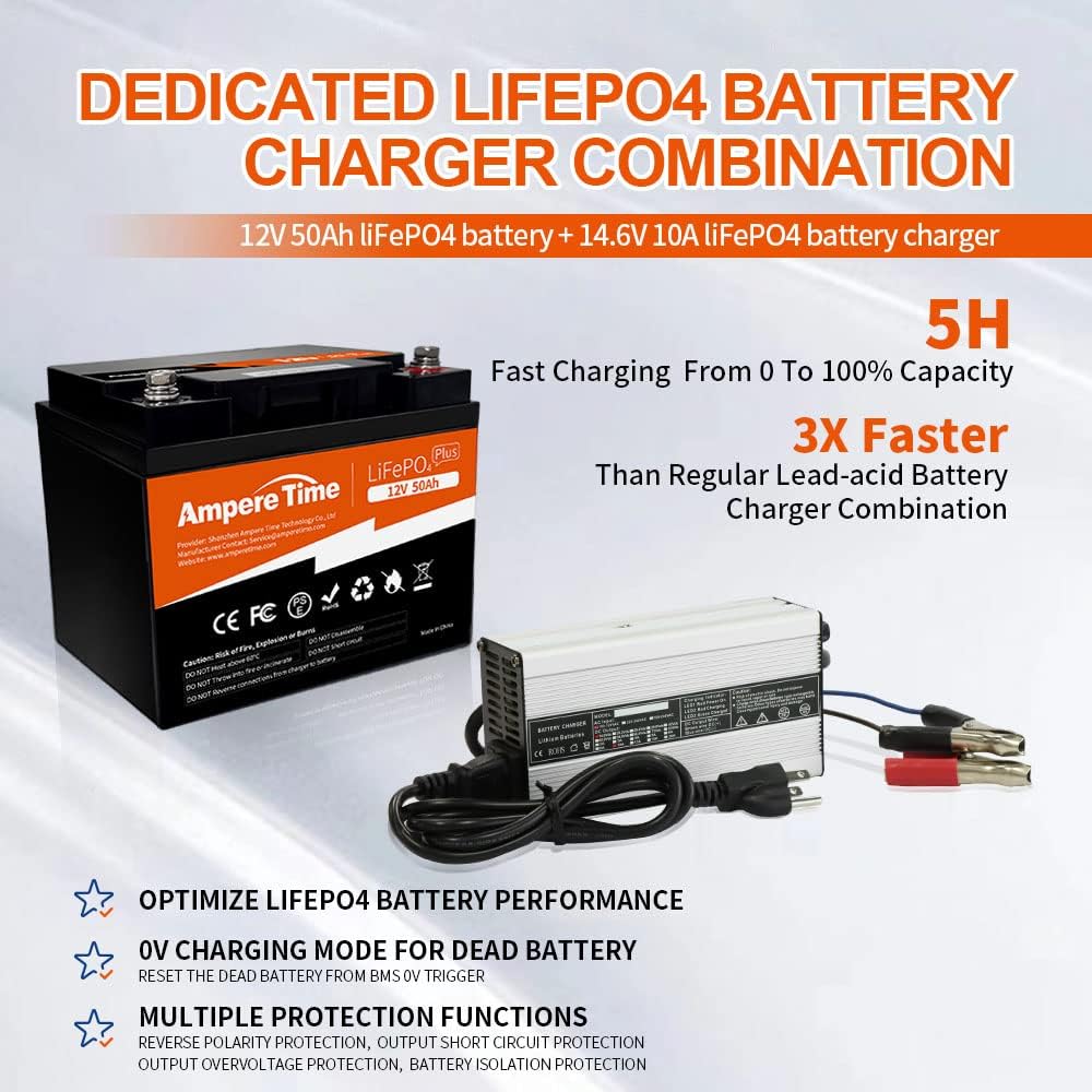 12V 50Ah LiFePO4 Battery with 14.6V 10A Lithium Battery Charger, 50A BMS Y201
