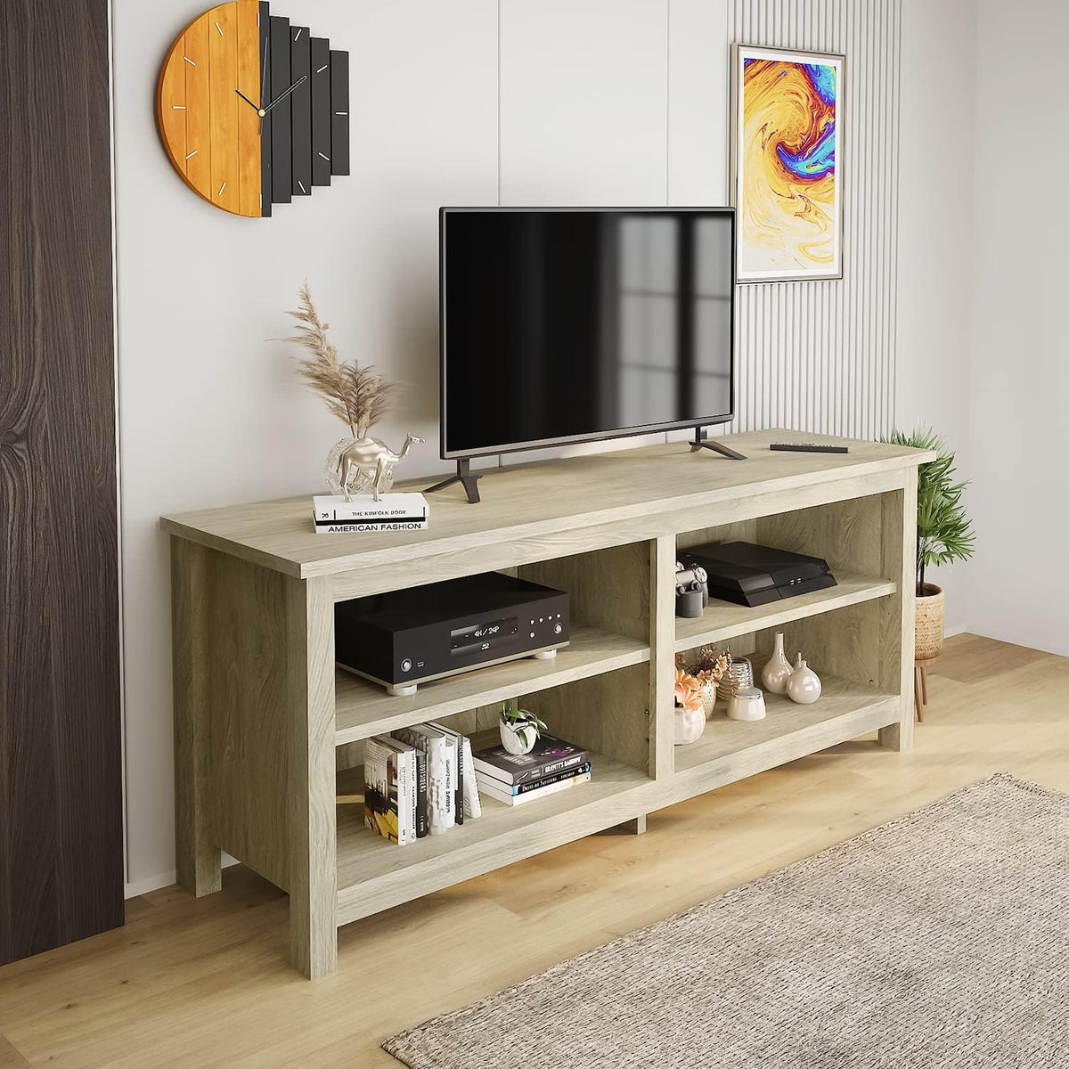 58 Modern TV Stand with 4 Open Storage Cabinets, Oak H726348