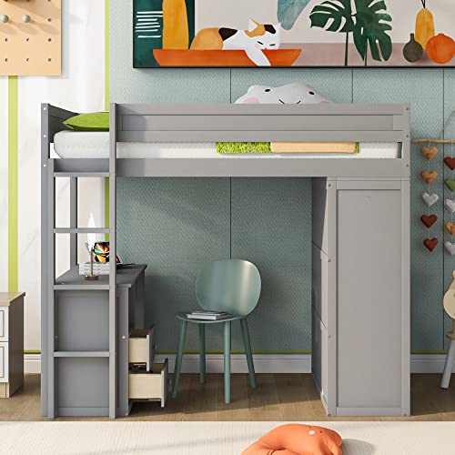 Full Size Gray Solid Wood Loft Bed with Wardrobe Desk and Shelves Q941714