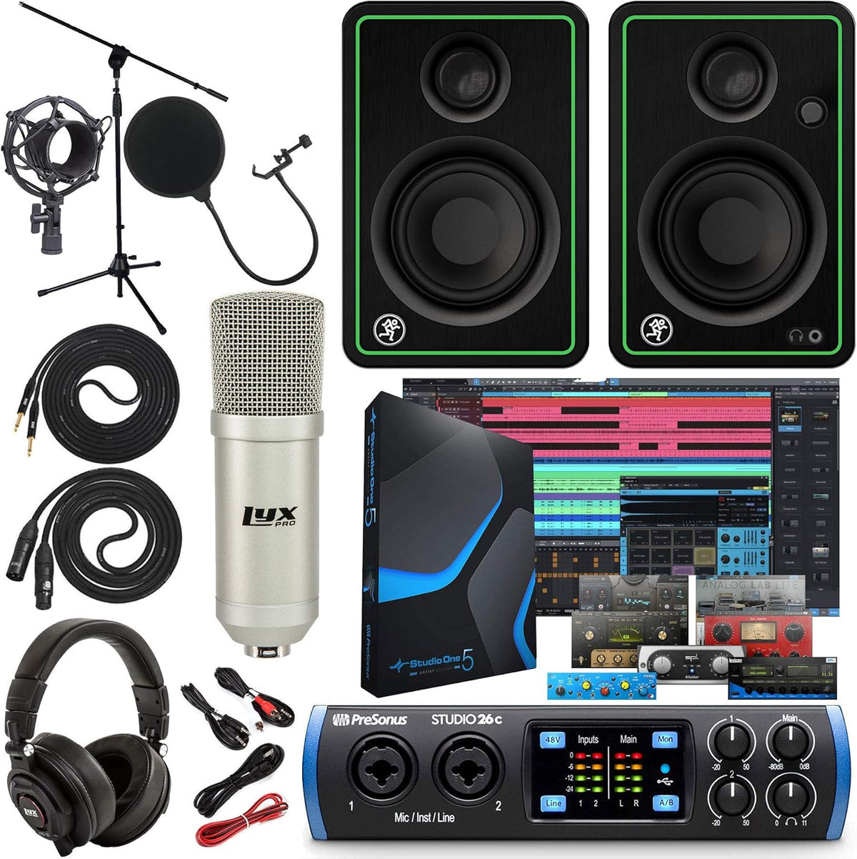 2x4 USB Audio/MIDI Interface with Studio One 5 Artist Software Pack with CR3-X Pair Studio Monitors and 1/4” Instrument Cables Q274