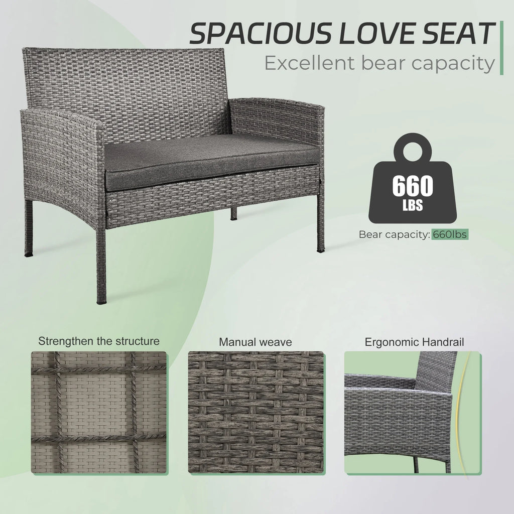 4 Piece Wicker Patio Conversation Furniture Set with Glass-Top Coffee Table & Gray Cushions H7828