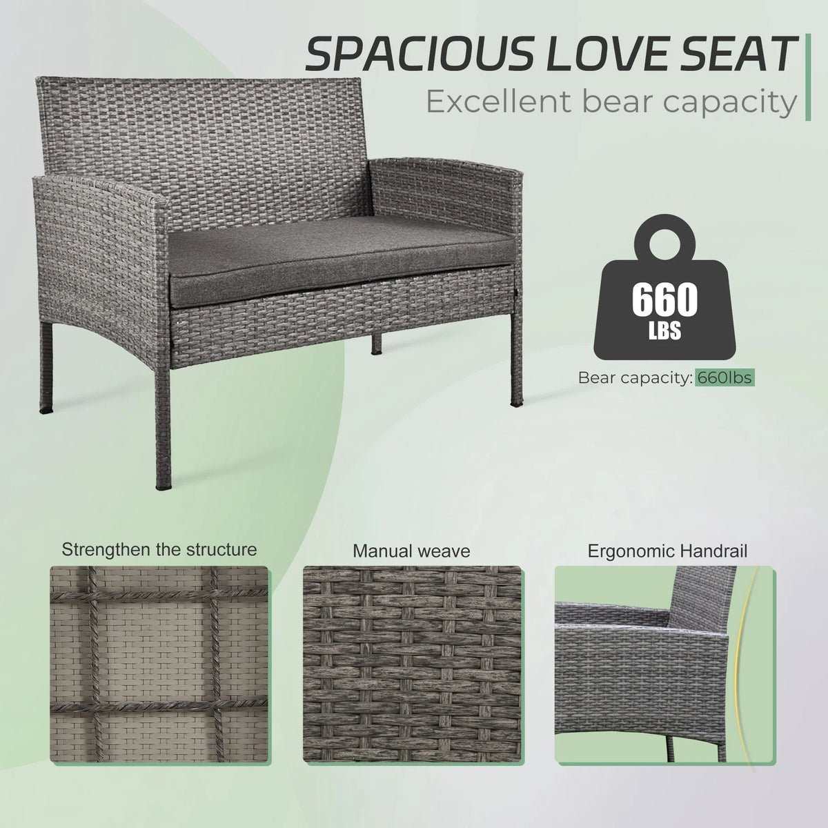 4 Piece Wicker Patio Conversation Furniture Set with Glass-Top Coffee Table & Gray Cushions H7828