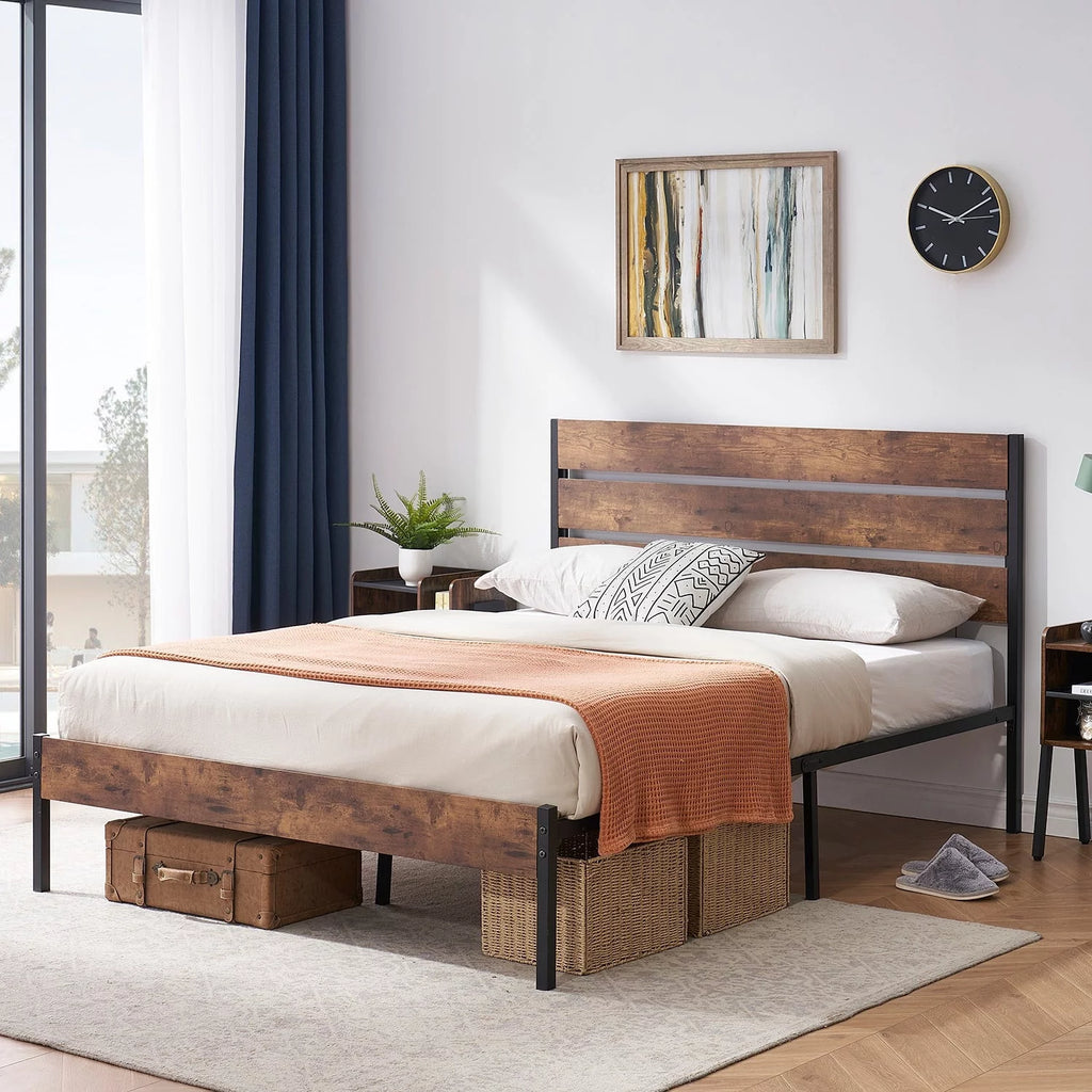 Rustic Brown Platform Bed Frame and Yellow Nightstands Set of 2 Y877400