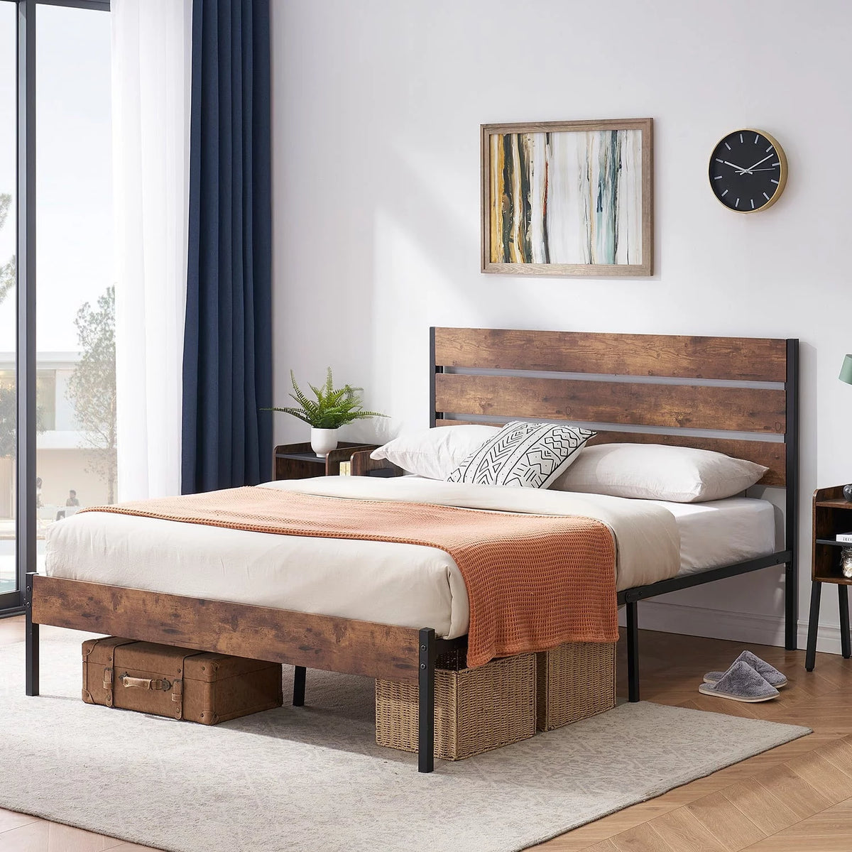Rustic Brown Platform Bed Frame and Yellow Nightstands Set of 2 Y877400