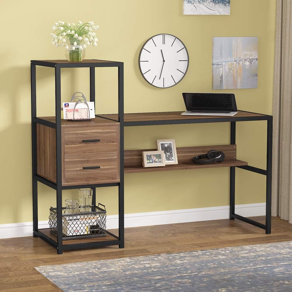 Rustic Walnut 55 Inches Computer Desk with 4 Storage Shelves and 2 Drawers A691