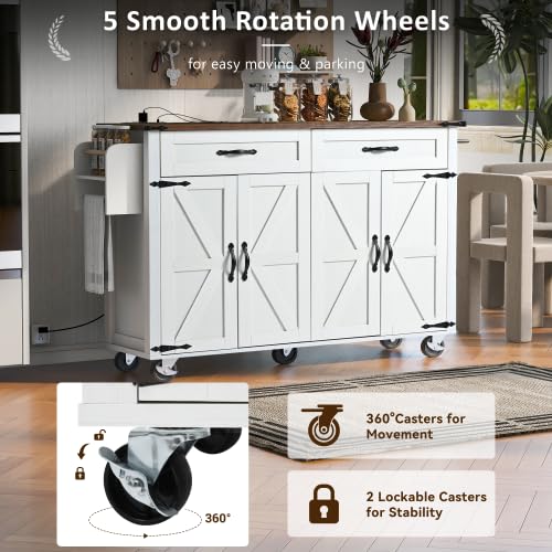 Black Kitchen Island with Storage Cabinet on Wheels, 53.5'' Mobile Kitchen Cart with Power Outlet, Drop Leaf, Spice Rack and Drawer V438