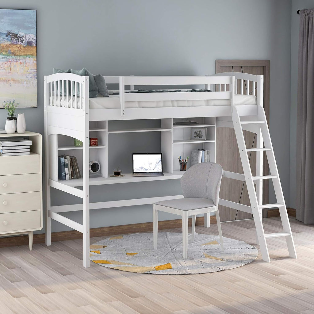 Solid Wood Twin Loft Bed with Desk and Bookshelf (Espresso) A354