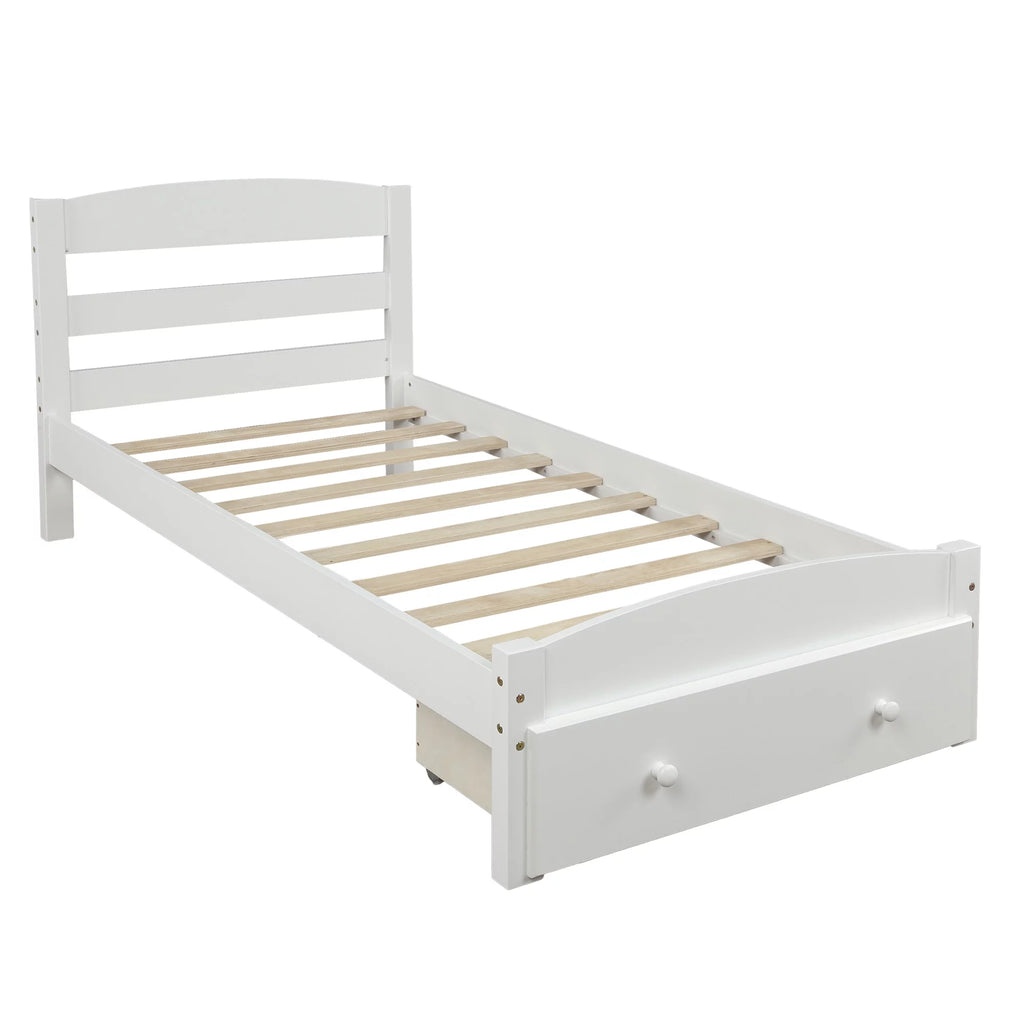 White Twin Solid Wood Bed Frame with Storage Drawer T304